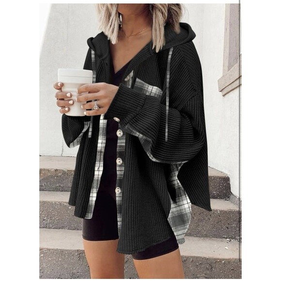 SHEWIN Womens Waffle Knit Plaid Shacket Boyfriend Button Down Hooded Jacket Sml - Picture 2 of 3